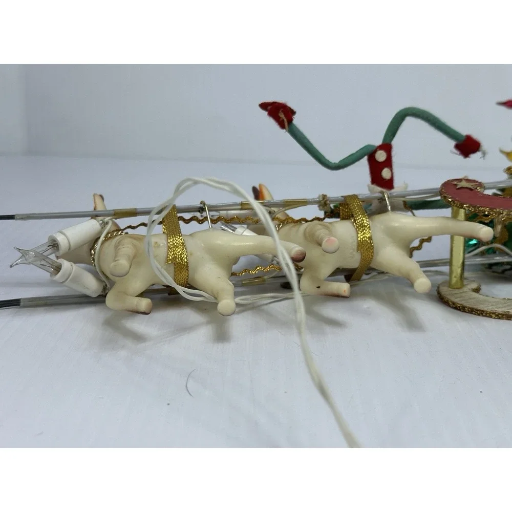 Vintage Christmas Santa Clause Pixie Elves Reindeers Sleigh Electric 1960s